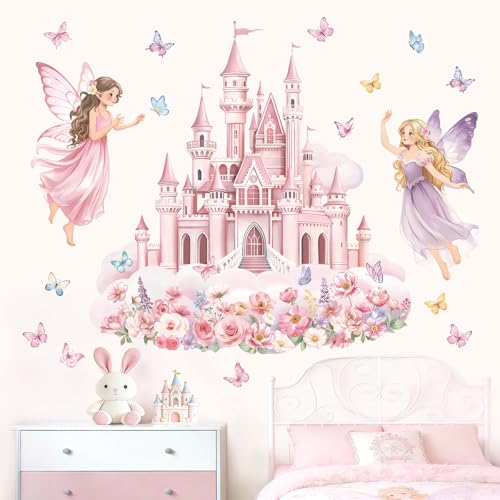 decalmile Stickers Muraux Château Rose Fille Fée Autocollant Mural Fleur Papillon Rose Décoration Murale Bébé Fille Chambre Enfants Pépinière