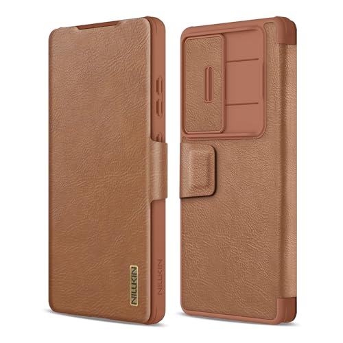 Image of Nillkin Case for Samsung Galaxy S25 Ultra (6.8 inch Inch) Qin Pro Camshield Camera Slider Genuine Classic Leather Flip Folio + Card Slot Brown Color