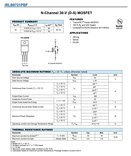 (Pack Of 5) Irlb8721Pbf To-220(To-220Ab) Mosfet 30V 62A Power N-Channel Transistor Marking Irlb8721 #TOP1