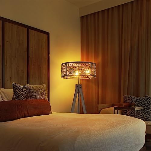 Zhizenl Wood Tripod Floor Lamp, Mid Century Standing Lamp With Rattan Lampshade, 40W E26 Farmhouse Modern Floor Lamp For Living Room, Bedroom, Study, Office #TOP4