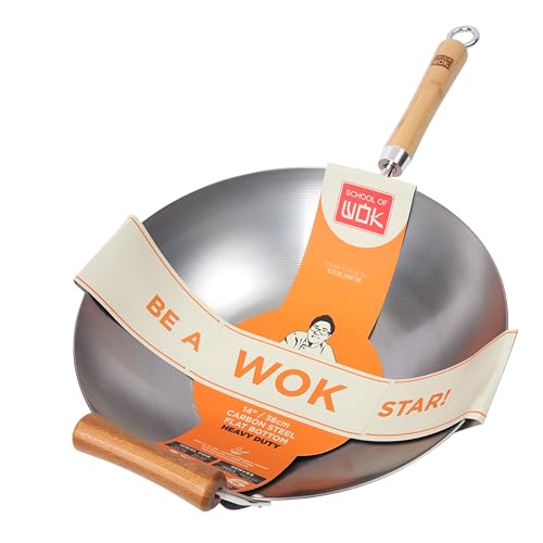 School of Wok - 14/36cm Heavy Duty Carbon Steel Wok, Flat Bottom, Bamboo Handle