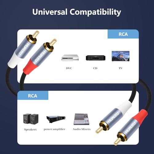 HUALEU 3Feet 2 RCA M/M Stereo Audio Cable, Gold-Plated 2RCA Male to 2RCA Male Aluminum Shell Auxiliary Audio Cord-2 Pack by HUALEU - Used condition - Image 2