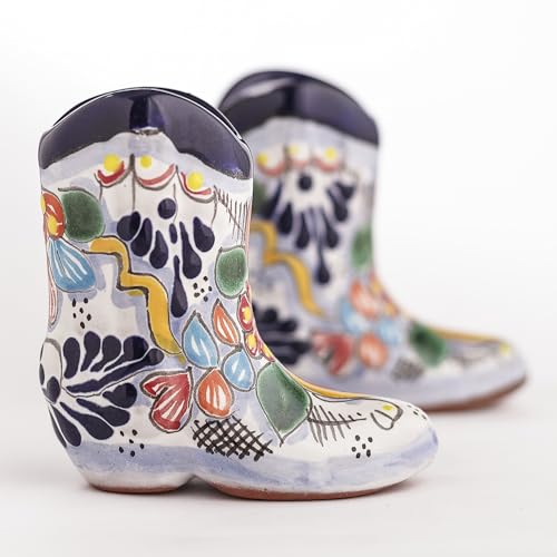 MEXTEQUIL Talavera Cowboy Boot Shot Glasses | Set of 2 Hand-Painted Mexican Pottery Caballitos | Ceramic Western & Southwestern Bar Decor | 3 oz, Sky Blue - Unique Gift for Tequila Lovers by MEXTEQUIL - Used condition - Image 8