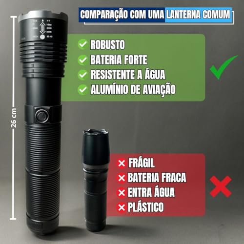 Lanterna Ultra LED Tática Militar - A Mais Forte! Alumínio de Aviação, Ideal para Sítio, Fazenda, Ac