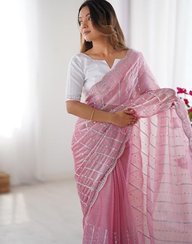 Image of SIRIL Women's Shimmer Chiffon Sequence Embroidery Saree With Unstitched Blouse Piece for Wedding and Parties