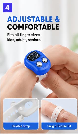 Image of KTRIO 7 Pack - Digital Finger Counter with LCD Display & Reset Button | Adjustable Ring Hand Tally Counter for Japa, Chanting, Meditation, Prayers, Sports, Golf, Knitting & Score Tracking