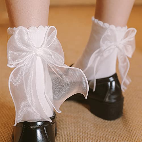 Sheer Ribbon Bow Ruffle Socks, Comfortable Sweet Cute Socks for Women and Girls, 2 Pairs (White&Black)2