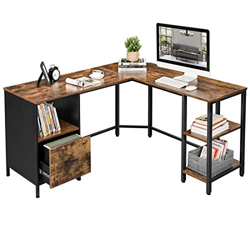 VASAGLE Schreibtisch, L-förmiger Computertisch, Bürotisch mit Schrank und Hängeregistratur, 2 Ablagen, Homeoffice, platzsparend, einfache Montage, Industrie-Design, vintagebraun-schwarz LWD75X