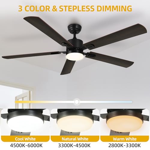 DWVO 60 Inch Smart Ceiling Fan with Light and Remote & APP Control, Modern Black Ceiling Fans with Reversible 6 Speeds Quiet Motor, 3 Color Dimmable, Memory Function, for Bedroom, Outdoor, Indoor