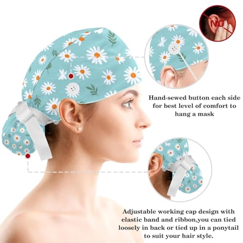 Image of Butterfly Scrub Cap Women with Ponytail & Buttons Adjustable Surgical Nurse Hat with Cotton Sweatband for Long Hair