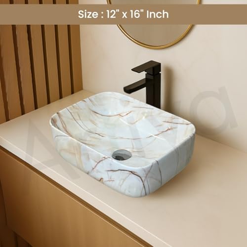 Image of Artiva Ceramic Wash Basin /Tabletop Washbasin For Bathroom,12 inchx16 inch /Small Countetop Bathroom Basin /Table Top Basin For Home,Office,Hotel /Rectangle Glossy Sink (Marbo-Beige,12x16 Inch)