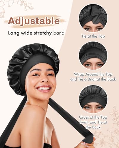 Image of BONNET QUEEN Silk Bonnet for Sleeping Satin Bonnet Hair Wrap with Tie Band Sleep Cap Night Cap for Women Curly Hair,2Pcs Black Pink