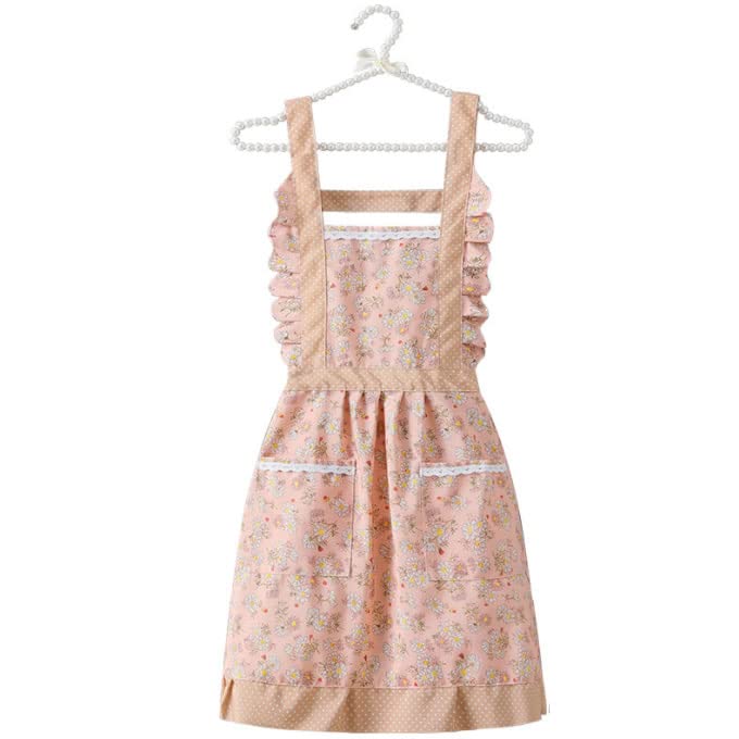 Dusenly Lace Floral Aprons Adjustable Kitchen Apron Vintage Flower Aprons Cooking Aprons with Pockets Chef Apron for Cooking Baking Gardening