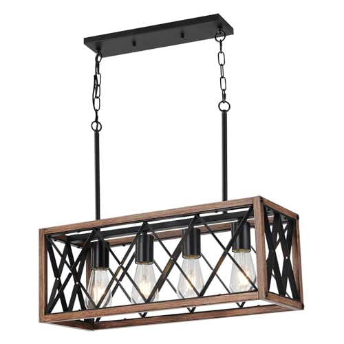 KEESFU 4-Light Farmhouse Linear Chandelier for Dining Room,Adjustable Rustic Pendant Light with Wood Grain Finish for Kitchen Island & Dining Table,Farmhouse Kitchen Lighting fixtures Ceiling.