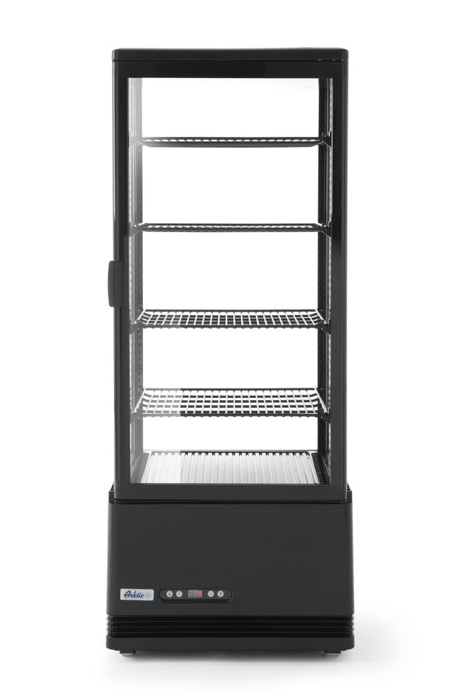 HENDI Vetrina da Esposizione Refrigerata, Sbrinamento Automatico, Sistema Antifog, 4 Ripiani, Illuminazione LED, Classe Energetica C, 98L, 230V, 210W, 452x406x(H)1116mm, Nero, ABS, Doppio Vetro