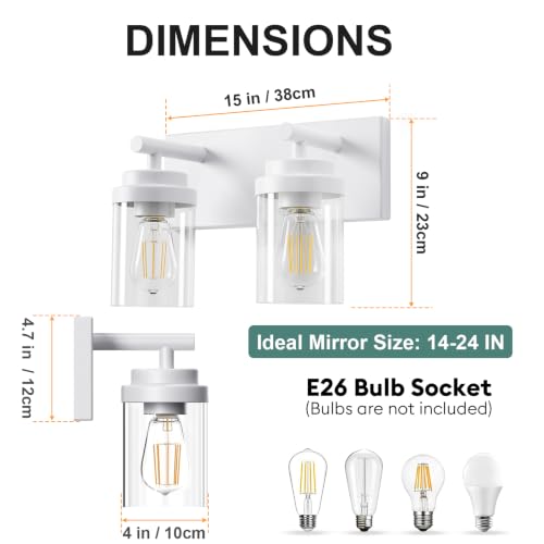 Image of IZORRO Bathroom Light Fixture White, Clear Glass Shade 15-Inch 2-Light