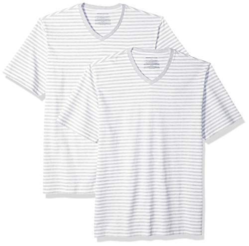Amazon Essentials Men's Loose-Fit Short-Sleeve Stripe V-Neck T-Shirts, Light Gray Heather/White, Medium