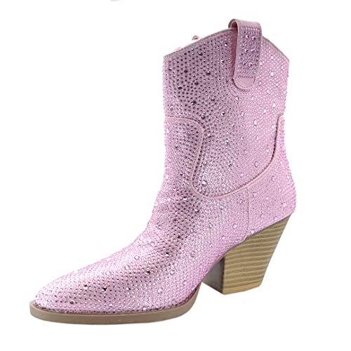Image of ABSOLEX Women Western Cowgirl Cowboy Pointed Toe Rhinestone Ankle Booties | Casual Boots