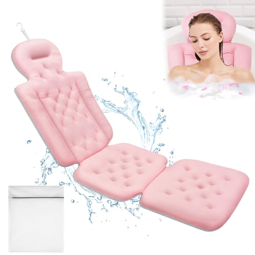 Luxury Full Body Bath Pillow for Bathtub, Bath Pillows for Tub with Mesh Laundry Bag & Non-Slip Suction Cups, Cushion for Bathtub Headrest Neck Back Support – 5D Air Mesh & Quick Drying | Pink