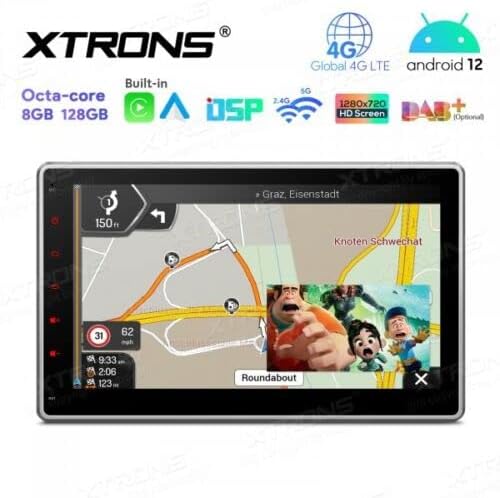 XTRONS TIX125L display showing a navigation map with a split-screen view.