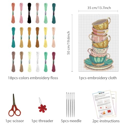 Image of FREEBLOSS Cross Stitch Kits for Beginners Tea Cups Stamped Cross Stitch Patterns Landscapes Cross Stitch Wall Hanging Kit DIY Embroidery Needlepoint Kit Embroidery Kit for Adults 35x50cm