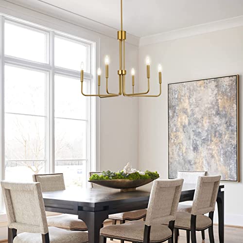 Niloah Modern Gold Chandelier For Dining Room, 6-Light Brushed Gold Chandeliers, Dining Room Light Fixtures Over Table 28 Inch, Adjustable Height #TOP6