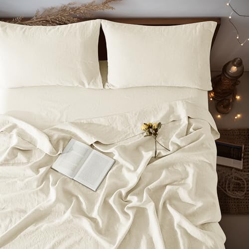 LBRO2M 100% Linen Sheet Set 16' Deep Pocket King Size,Bed Sheets 4 Piece Sets,Solid Color Natural Flax Bed Sheets Soft Breathable Bedding, All Season (King, Beige)