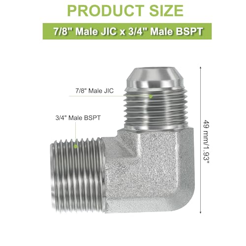 Image of PATIKIL 90 Degree Pipe Adapter, 7 /8 inch Male 37 Flare JIC x 3 /4 inch BSPT Male Connector Carbon Steel Elbow Fitting for Air Hydraulic Fluid Fuel Water Oil, Silver