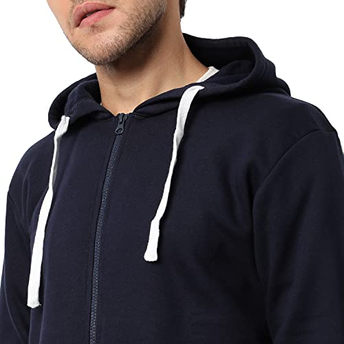 Image of CAHOOT Men's Dark Blue Zip-Front Hoodie with Contrast Drawstring for Casual Wear | Long Sleeve | Hooded Neck | Zipper Closure | Cotton Sweatshirt Crafted with Comfort Fit for Everyday Wear