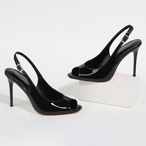 WAYDERNS Peep Toe High Heels for Women Slingback V Peep Toe Women's Pumps Patent Leather Stiletto Heels Sling Back Thin Heels Bride Party Clubbing Dress Shoes with 4 Inch Heel2