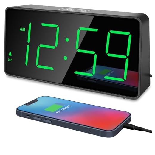 Peakeep Digital Clock, Alarm Clock for Bedrooms with USB Charger Port - Large Big Numbers 5 Brightness for Seniors, Battery Backup, Loud Alarm 5 Volums (Black with Green Digits)
