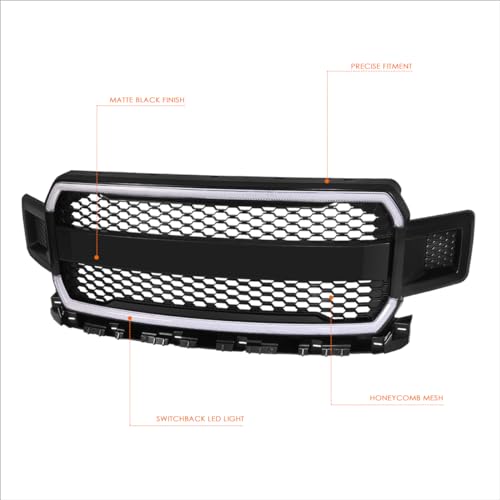 Matte Black Honeycomb Mesh Front Bumper Hood Grille Grill w/LED DRL Compatible with 18-20 Ford F150 (Exclude Raptor Model)