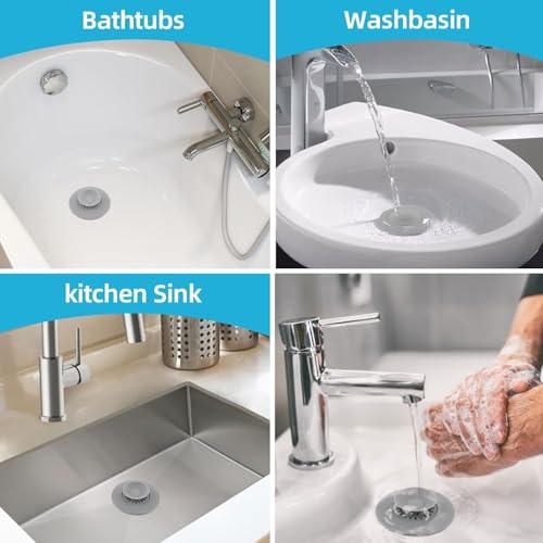 HUAERSICO Abflussstopfen Silikon Universal - Waschbeckenstöpsel und Badewannenstöpsel mit Press und Haarsieb Funktion - Praktisches Abflusssieb für Waschbecken, Badewannen und Spülbecken,Grau 2 Stück
