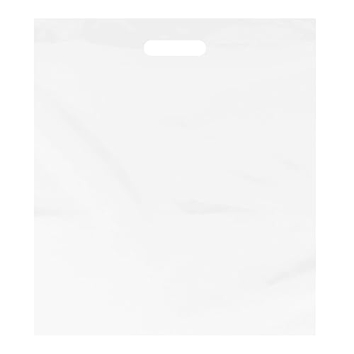 Purple Q Crafts Bolsa de plástico con asa troquelada de 15 x 18 pulgadas, bolsas de plástico blanco para mercancía, paquete de 100 unidades para