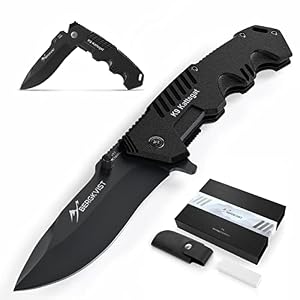 BERGKVIST K9 Folding Knife (One-Handed Knife) – Sharp Pocket Knife for Outdoor & Survival with Black Stainless Steel Blade, Whetstone & Belt Bag