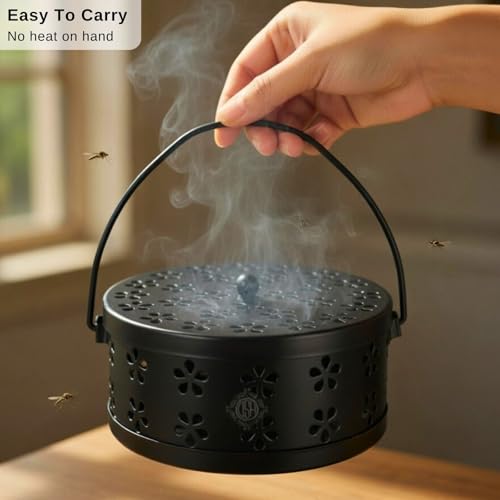 Image of DSH Metal Mosquito Coil Holder with Lid & Handle Ash Catcher Stand for Mosquito Coil Indoor Outdoor Safe Use (Black)