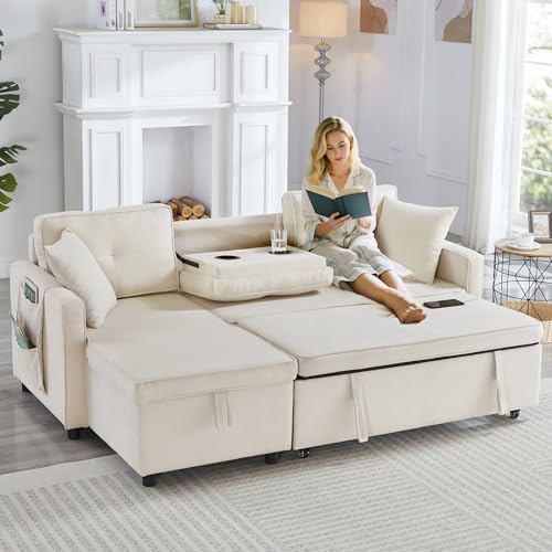 3 Seater Sofa Bed Sleeper Pull Out Reversible Sectional Couch Bed, 3 in 1 Convertible Corner Sofa with Storage Chaise & Drop-Down Table & Cup Holders & Charging Station for Living Room Office, Beige