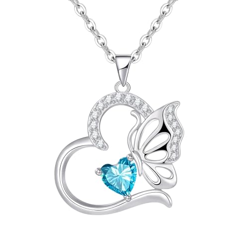 Tusuzik Collier Femme Argent Sterling 925 Collier Coeur Papillon Mars Pierre de Naissance Pendentif Femme Bijoux Idee Cadeau Anniversaire Fete des Meres Noel...