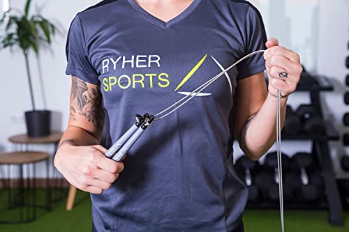 Foto von Ryher Springseil für Double Unders, Fitness Training – Springseil mit verstellbarem 3-Meter Kabel, Tragebeutel, kostenloses extra 3-Meter Kabel, Ersatzschrauben und Gummikappen (Grau)