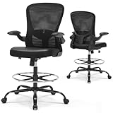 OLYFING Ergonomic Drafting Chair, Standing Desk Chair with Lumbar Support Tall Office Chair with Flip-Up Arms Footrest Ring, Breathable Mesh High Desk Chair with PU Leather Seat Cushion, Black