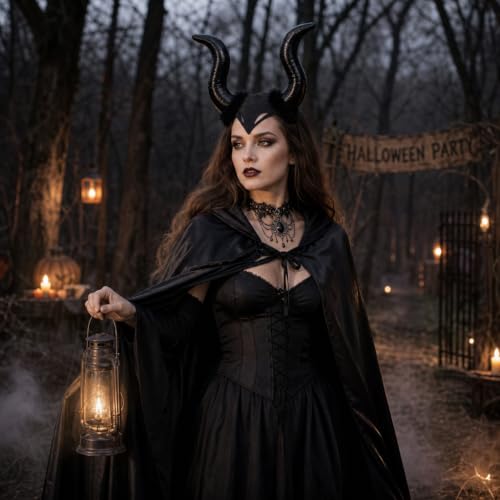 Maleficent Kostüm Damen, 3-teiliges Teufel Set, Umhang Schwarz mit Kapuze, Teufelshörner-Haarreif, Gothic-Halskette, Halloween Kostüm Damen – Bild 4