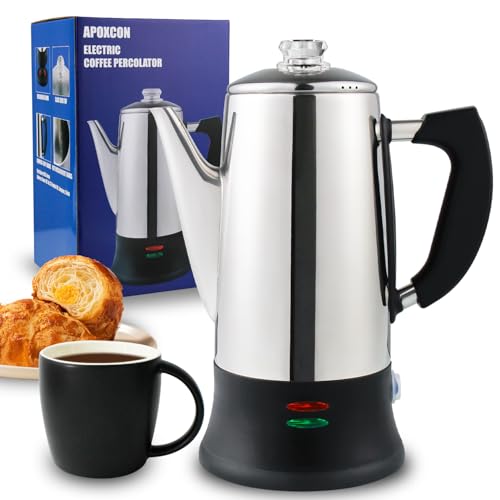 APOXCON 12-Cup Electric Coffee Machine with Cordless Server - CE Certified Stainless Steel Coffee percolator Heat-Resistant Glass Knob Multi-Use for Tea/Cocoa/Oatmeal Fast Brew & 30mins Keep Warm