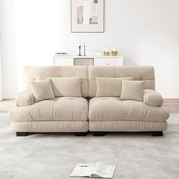 Generisch Sofa narożna do salonu, szenilowa, jasnobrązowa, podwójna sofa z ramą z litego drewna, 2 poduszki lędźwiowe i 2 poduszki dekoracyjne, modułowa miękka sofa do mieszkania, biura