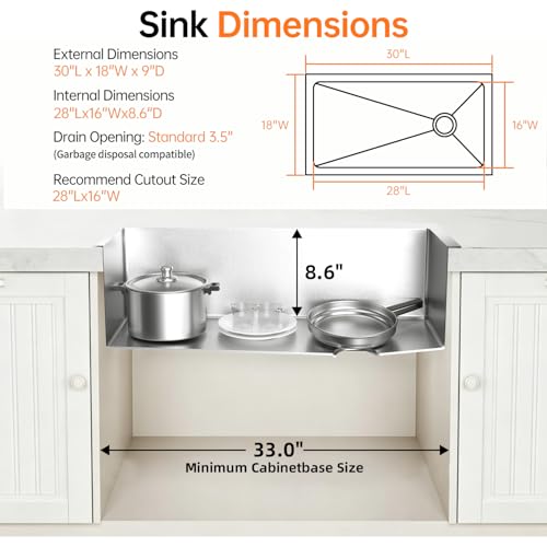 30 Inch Undermount Kitchen Sink 18 Gauge 304 Stainless Steel Single Bowl Sinks Handmade Modern Sink for Kitchen with Drain Assembly by cozhao - Used condition - Image 3