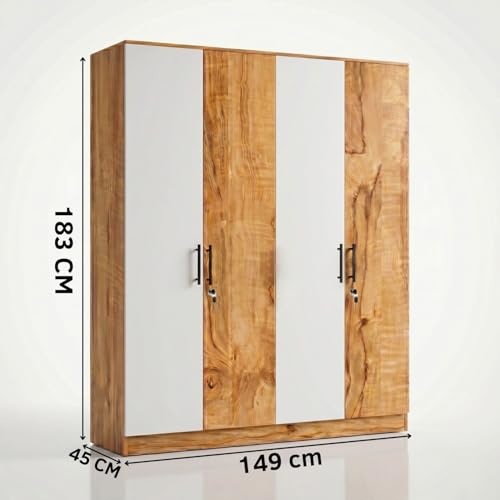 Image of FFO Tokyo 4 Door Wooden Wardrobe for Bedroom with Hanging Rod, Shelves & Lock | Modern Clothes Storage Almirah /Cabinet with White & Coach Wood | Wardrobe Organizer for Clothes, Dresses DIY.