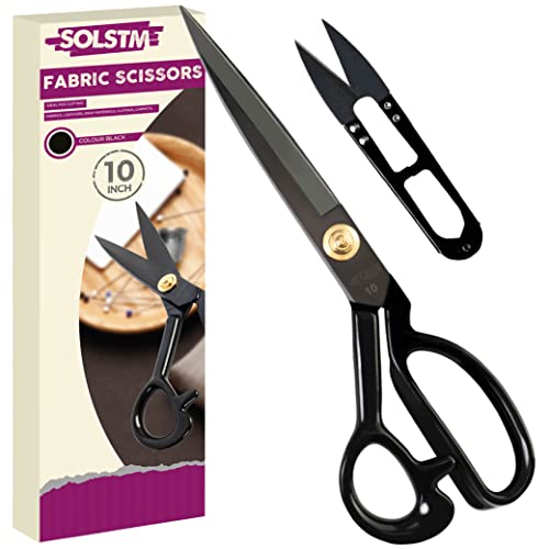 SOLSTM Fabric Scissors - 10 Inch High Carbon Steel Razor Sharp Scissors for Sewing & Tailoring, Ergonomic Dressmaking Scissors for Fabric Cutting, Leather, Carpet, Material - With Thread Snips (Black)