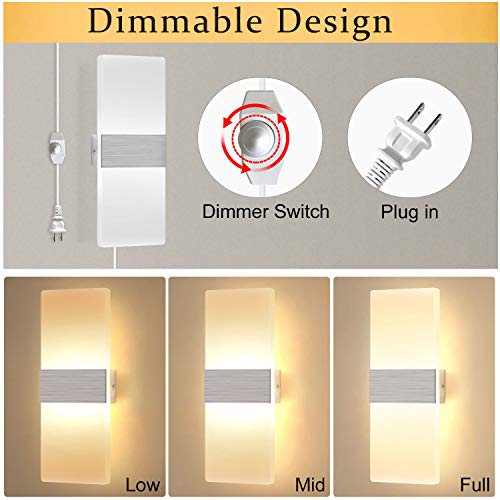 Lightess Dimmable Wall Sconce Plug In Set Of 2, Led Wall Light Fixture 12W Acrylic Modern Wall Lamp For Living Room Bedroom, Warm White #TOP1