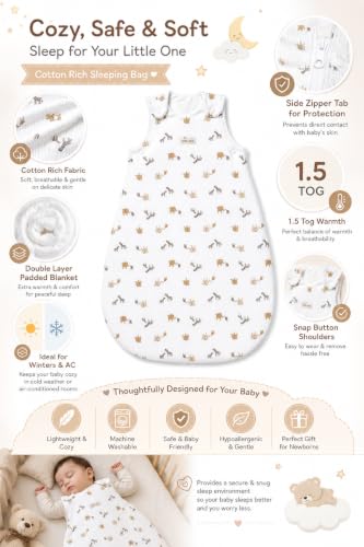 Image of TuddyBuddy Baby Cotton Wearable Quilted Sleeping Bag Blanket 1.5 Tog with 2 Way Zipper Closure | Ideal for Babies & Kids Hypoallergenic Fabrics | (Elephants & Zebra AOP - Yellow, 0-6 Months)