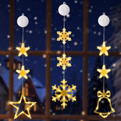 Yizht Luci Natale a Ventosa per Finestre, Fiocchi di Neve, Stella e Campane, Bianco Caldo a Batteria, IP44 Impermeabile per Decorazioni Natalizie, Albero di Natale, Porta, Finestre