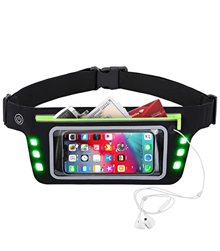 Vzzeport Riñonera Deportiva, Ultra-Delgado Cinturón para Correr Portátil con Tiras Reflectantes y Ventana con Pantalla Táctil, Riñonera Running con 3 Modos de Luz para Correr Senderismo Ciclismo,Negro Cover